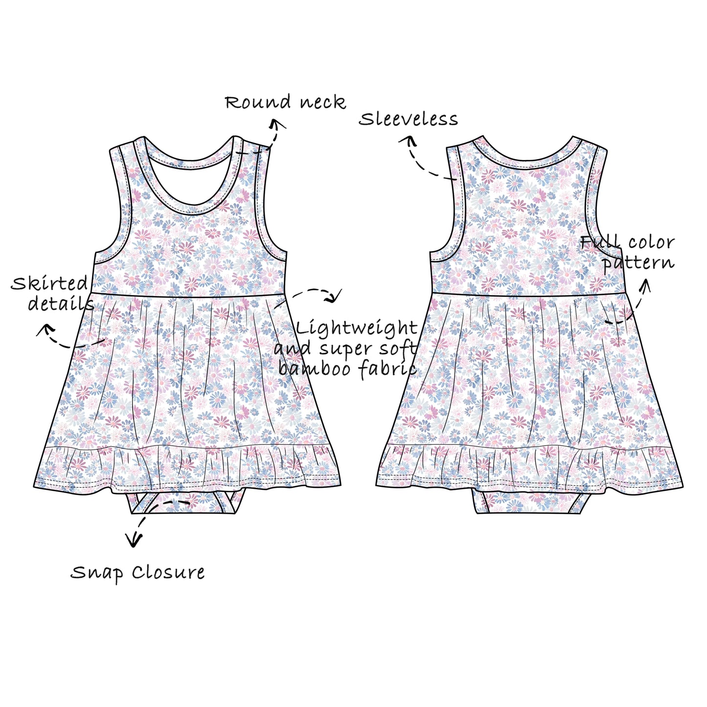 Custom Bamboo Viscose Baby Sleeveless Skirted Bodysuit