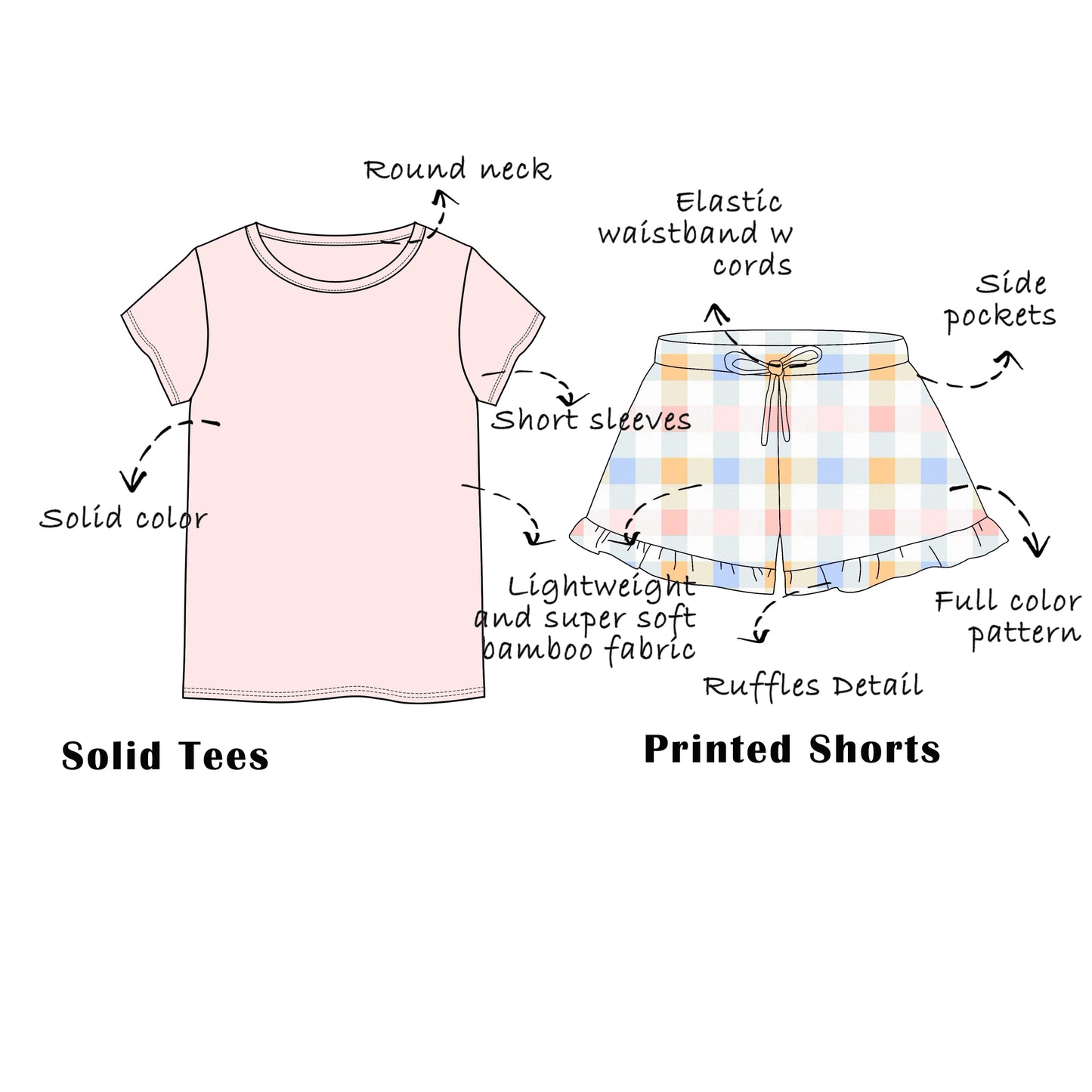 Custom Bamboo Viscose Adult 2 Piece Set-Solid Tees+Printed Ruffle Shorts