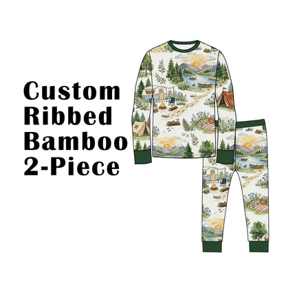 Custom Ribbed Bamboo Toddle & Kids Long Long Sleeves Shirts & Pants 2 Piece Pajama Set