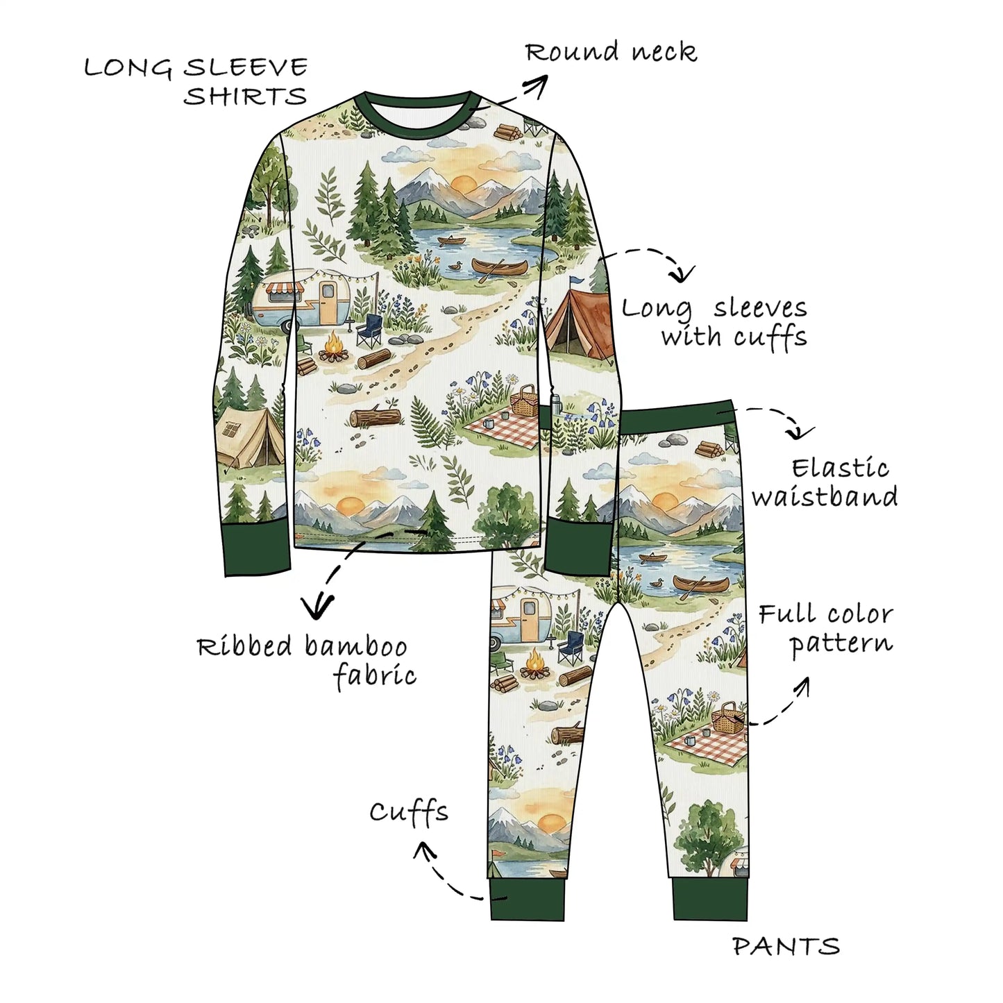 Custom Ribbed Bamboo Toddle & Kids Long Long Sleeves Shirts & Pants 2 Piece Pajama Set