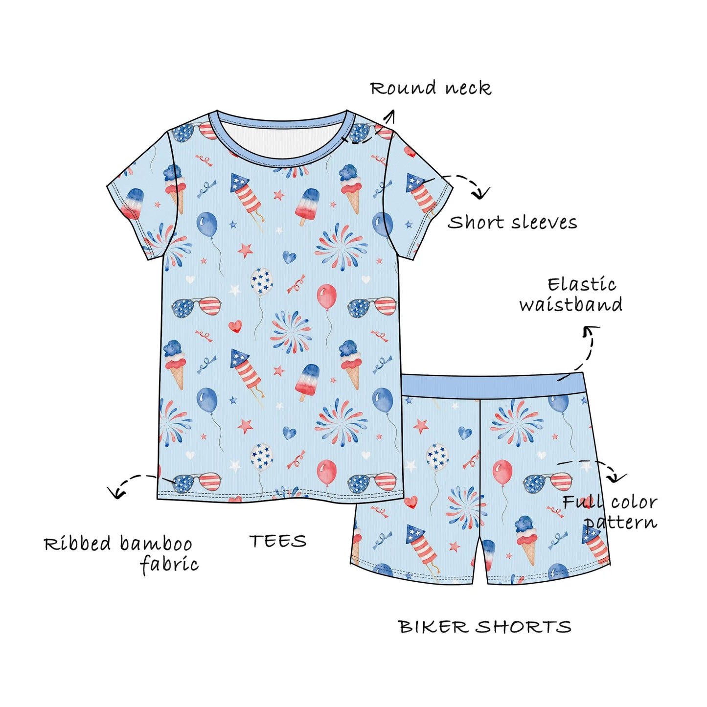 Custom Ribbed Bamboo Toddle & Kids Short Sleeves Tees & Biker Shorts 2 Piece Set