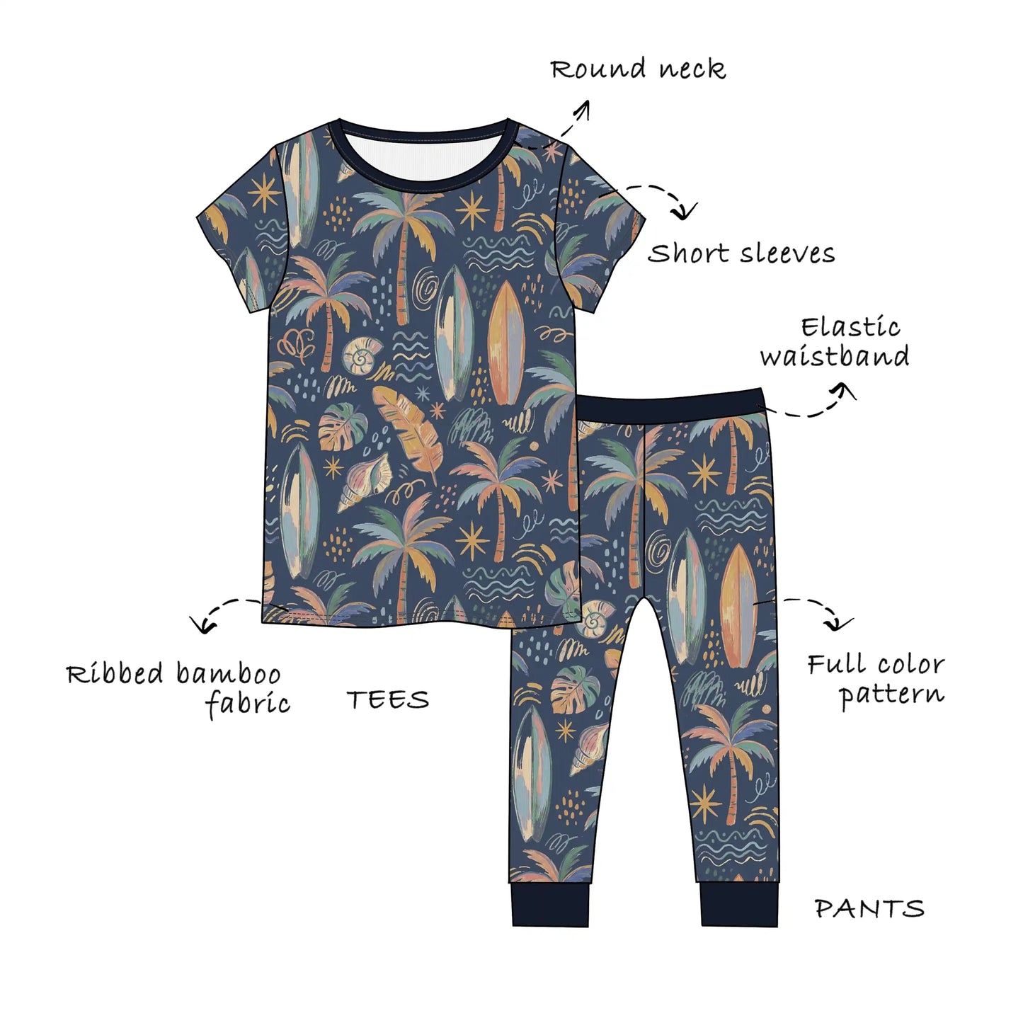 Custom Ribbed Bamboo Toddle & Kids Short Sleeves Shirts & Pants 2 Piece Pajama Set